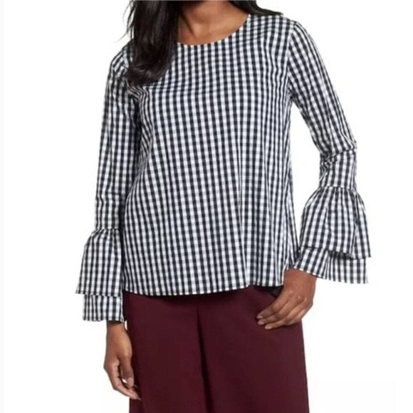Halogen Nordstrom Gingham Long Bell Sleeves Poplin Top Stretchy Blouse S Small - Picture 1 of 9